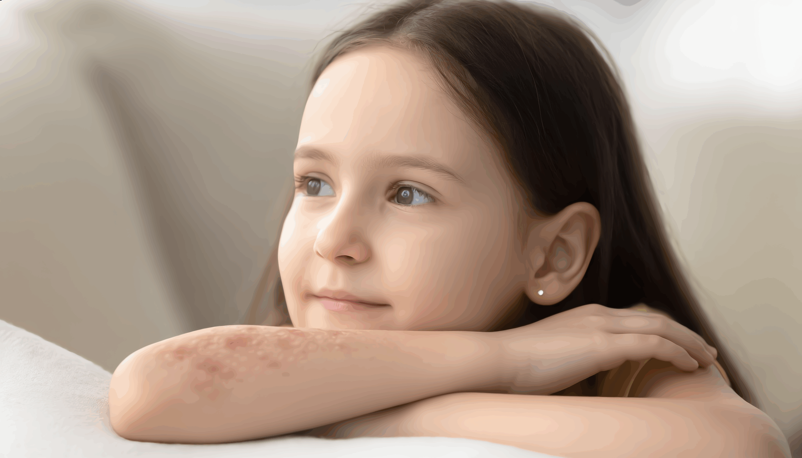 Photorealistic image, 16:9 aspect ratio: A close-up to medium shot of a young girl (appearing around 7-10 years old) with a gentle and slightly thoughtful expression. There might be a small, subtle area on her arm or hand that shows mild redness or slightly dry skin, indicative of mild eczema but not severe or distressing. Her eyes should be clear and engaging. The overall mood should be one of resilience and quiet understanding, rather than suffering. Soft, natural lighting, perhaps in a home setting (softly blurred background of a living room or child's room). Background: A plain, smooth background in a single, soft, calming beige or light oat color, ensuring a gentle and non-distracting feel. The image should evoke empathy and understanding for individuals living with atopic eczema, focusing on the person rather than just the condition in an alarming way
