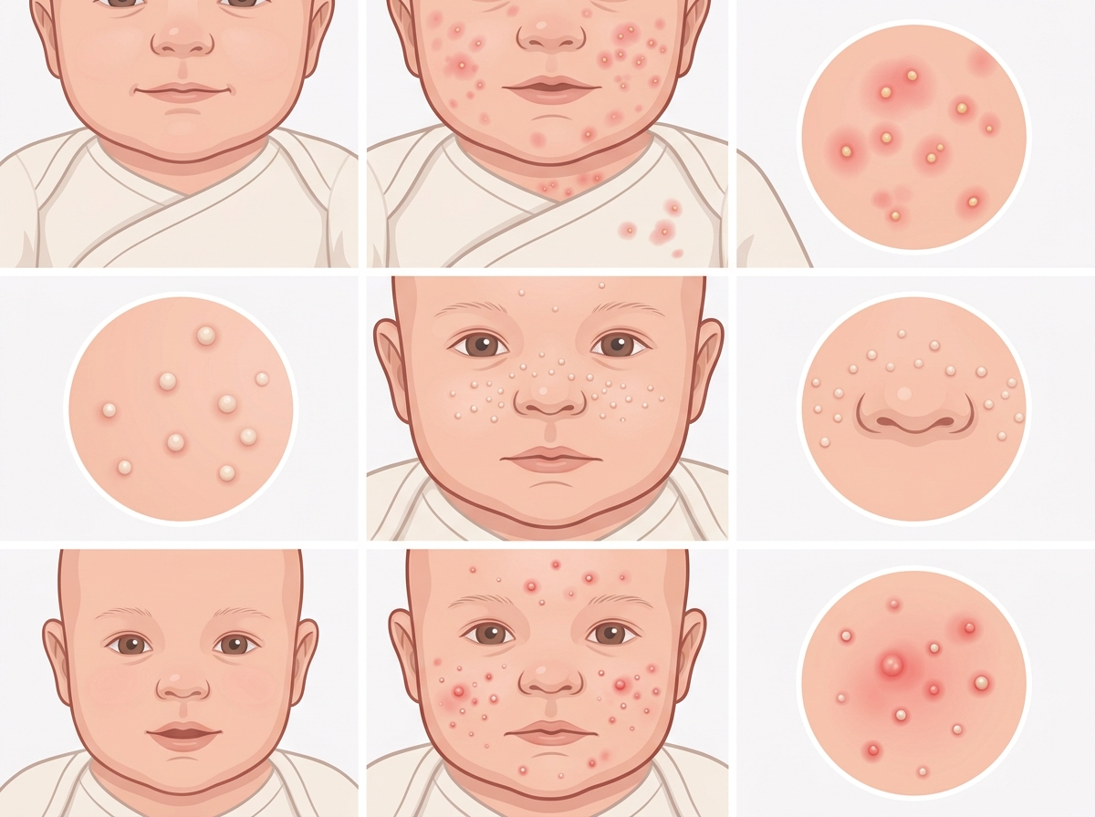 Comparison of newborn skin rashes: Erythema Toxicum, Milia, and Baby Acne. No text labels.