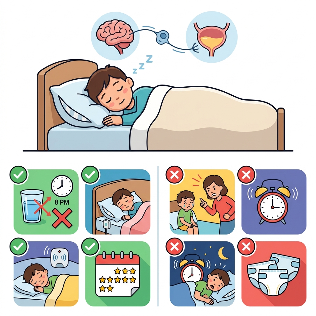 නින්දෙන් මුත්රා පිටවීම (Bed-wetting): අම්මලා තාත්තලා දැනගත යුතු සියල්ල Infographic