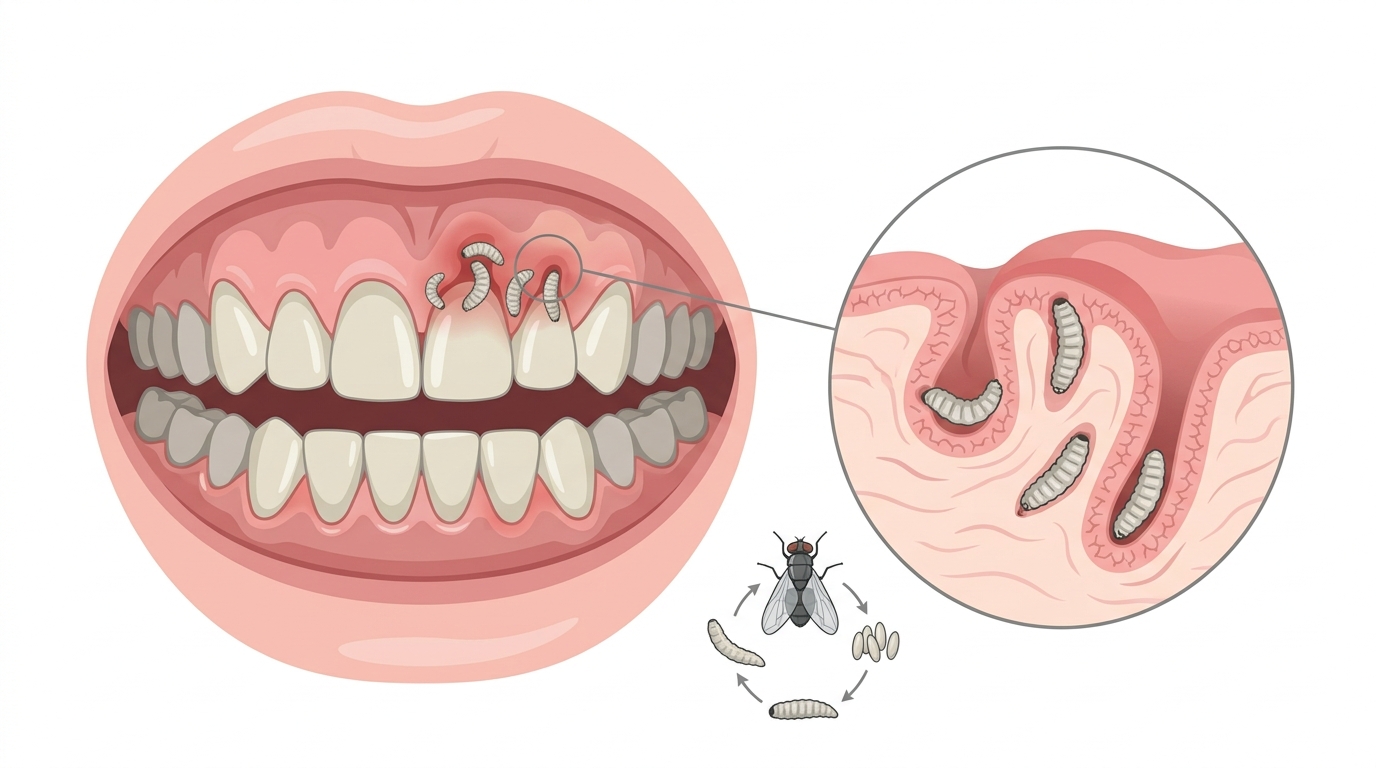 Gusanos en la Boca Humanos: Qué es la Miasis Oral, Síntomas y Tratamiento Infographic
